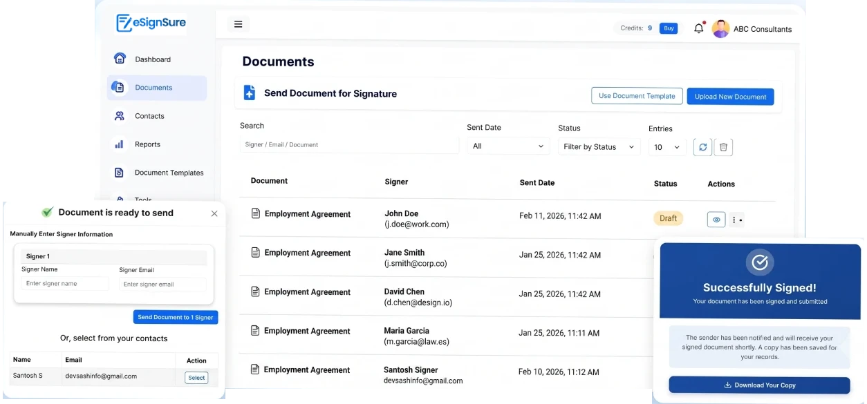 eSignSure dashboard showing how documents are sent and signed